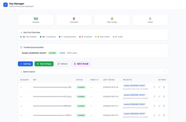 Key Manager — Gemini Key Pool 系統畫面